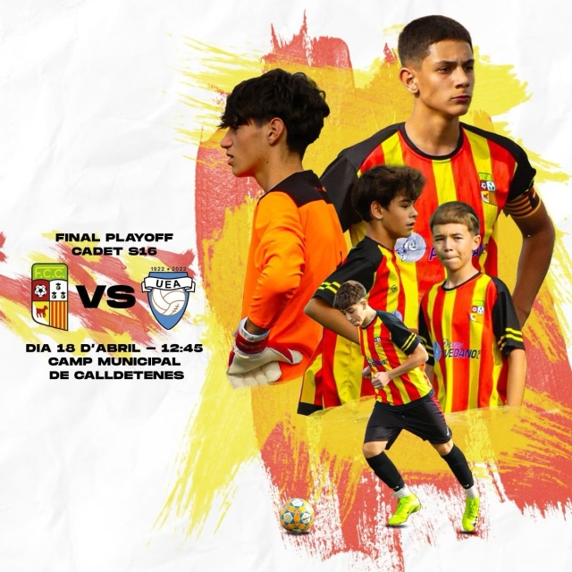 Dissabte 18 d’abril a les 12.45h a Calldetenes el Cadet s16 juga la FINAL d’ascens a 1a divisió davant del UE Aiguafreda.Vine al camp! Ajuda’ns a guanyar aquest partit!T’esperem! 💛❤️#orgullcalldetenenc