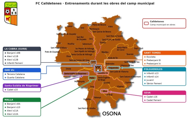 Gràcies per ajudar-nos!

Les obres de renovació de la gespa del camp municipal de Calldetenes ens han obligat a reorganitzar l’activitat esportiva del FC Calldetenes. 

Des del club volem agrair a tots els ajuntaments, clubs i entitats que ens han ajudat a mantenir l’activitat esportiva, així com a totes les famílies per la seva paciència, comprensió i col·laboració durant aquests mesos de canvis. 

- Ajuntament de Gurb (La Cabra)
- OAR Vic
- Vic Riuprimer REFO (Santa Eulàlia de Riuprimer)
- Ajuntament de Malla
- Fundació Sant Tomàs
- Ajuntament de Folgueroles / CF Folgueroles
- UE Seva 
- Ajuntament Sant Julià de Vilatorta / CF Sant Julià de Vilatorta
- UE Tona 

Moltes gràcies per la vostra predisposició i suport! 

#orgullcalldetenenc 💛❤️