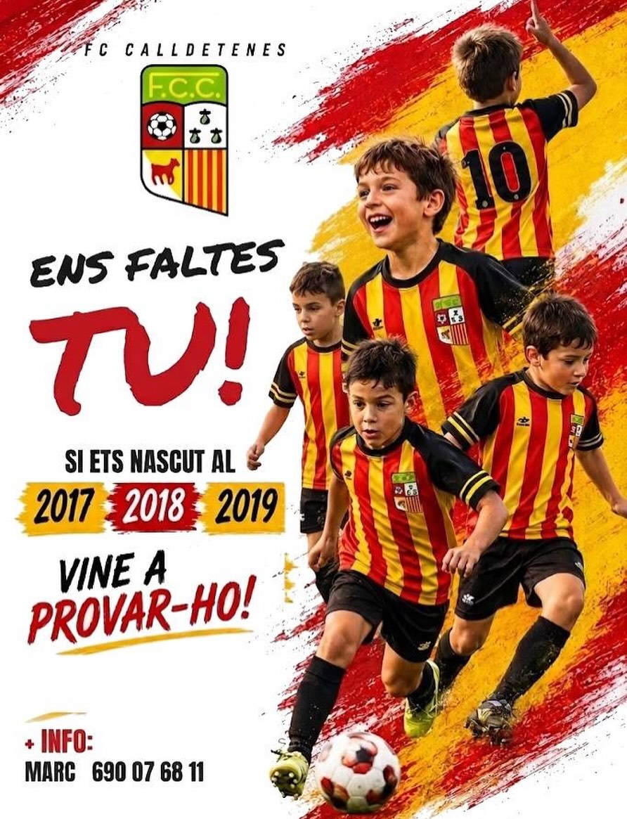 ENS FALTES TU! ⚽️Si ets nascut els anys 2017, 2018 o 2019, et busquem!Ens falten jugadors per completar aquests equips del FC Calldetenes.💛❤️ Vine a formar part del nostre club!#orgullcalldetenenc