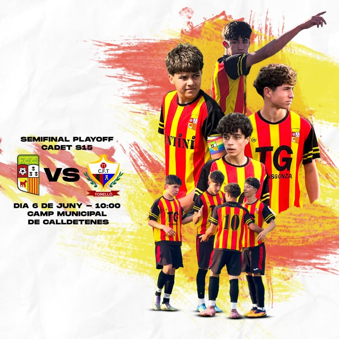 Aquest dissabte 6 de juny a les 10h a Calldetenes el Cadet s15 juga les SEMIFINALS d’ascens a 1a divisió davant del CF Torelló.Vine al camp! Ajuda’ns a guanyar aquest partit!T’esperem! 💛❤️#orgullcalldetenenc